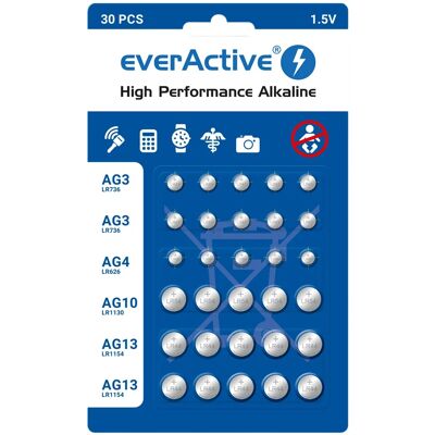 Pack 30x Pilhas Botão Alcalinas (AG3/AG4/AG10/AG13) - everActive Pack 30x Pilhas Botão Alcalinas (AG3/AG4/AG10/AG13) - everActive