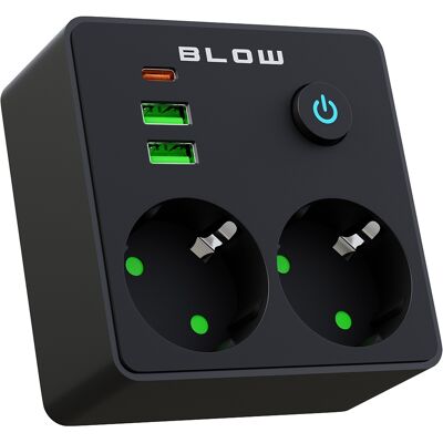 Tomada Dupla c/ 2 Portas USB + Porta USB-C + Interruptor (Preto) - BLOW Tomada Dupla c/ 2 Portas USB + Porta USB-C + Interruptor (Preto) - BLOW