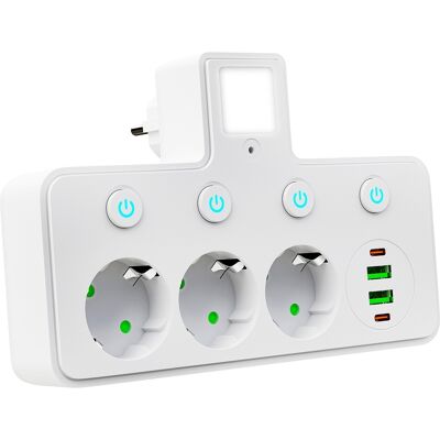 Tomada Tripla PS-380 c/ 2 Portas USB + 2 Portas USB-C + 4 Interruptores ON/OFF - BLOW Tomada Tripla PS-380 c/ 2 Portas USB + 2 Portas USB-C + 4 Interruptores ON/OFF - BLOW