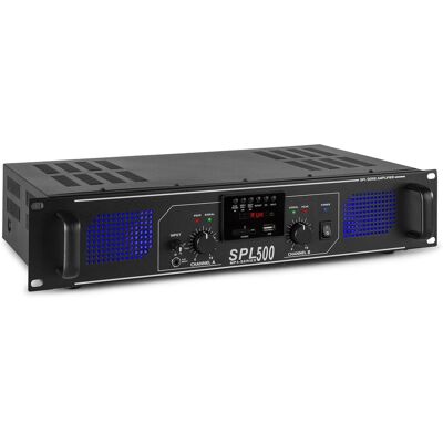 Amplificador PA 2x 250W 19" MP3/USB/SD + EQ (SPL 500MP3) LEDs Azuis - SPL Amplificador PA 2x 250W 19" MP3/USB/SD + EQ (SPL 500MP3) LEDs Azuis - SPL
