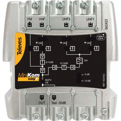 Amplificador Minikom MATV 4E/1S "EasyF" FM-VHF-UHF-UHF - TELEVES 562422 Amplificador Minikom MATV 4E/1S "EasyF" FM-VHF-UHF-UHF - TELEVES 562422