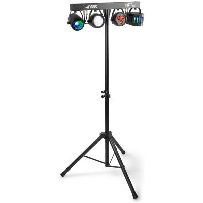 Barra LED´s Portátil DMX c/ 4 Projetores Jelly Moon, Derby, Foco PAR, Strobe RGBW (PARTYBAR09) - MAX Barra LED´s Portátil DMX c/ 4 Projetores Jelly Moon, Derby, Foco PAR, Strobe RGBW (PARTYBAR09) - MAX