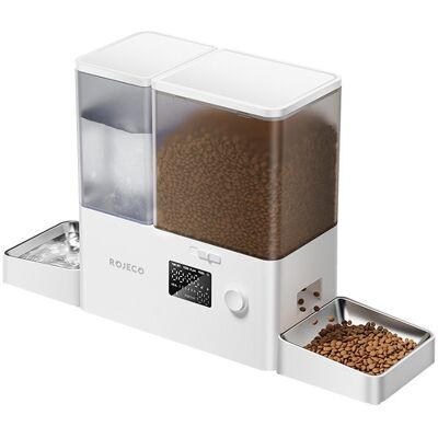 Fonte de Água/Dispensador Inteligente de Comida "2-EM-1" p/ Animais de Estimação (Branco) - ROJECO Fonte de Água/Dispensador Inteligente de Comida "2-EM-1" p/ Animais de Estimação (Branco) - ROJECO