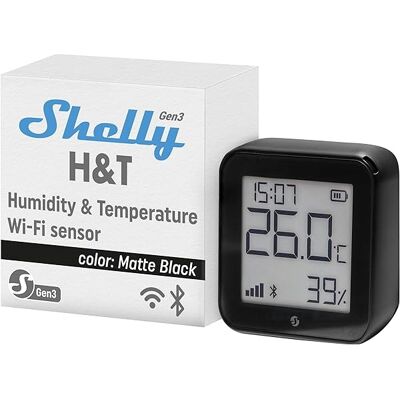 Monitorizador Ambiental de Temperatura/Humidade Wi-Fi Display e-ink (Preto Fosco) - Shelly H&T gen3 Monitorizador Ambiental de Temperatura/Humidade Wi-Fi Display e-ink (Preto Fosco) - Shelly H&T gen3