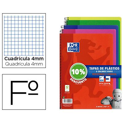 Caderno Espiral Oxford Capa Plastico Folio 80F Quadricula 4 mm Pack 4+1 Unidades Cores Vivas Caderno Espiral Oxford Capa Plastico Folio 80F Quadricula 4 mm Pack 4+1 Unidades Cores Vivas