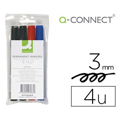 Pack 4x Marcadores Permanentes Estojo 4 Cores Sortidas Ponta Redonda 3mm - Q-Connect Pack 4x Marcadores Permanentes Estojo 4 Cores Sortidas Ponta Redonda 3mm - Q-Connect