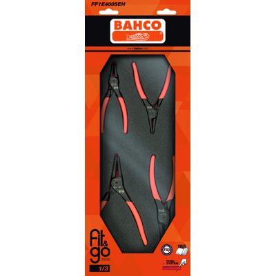 Conjunto de alicates para anéis de retenção em inserção de espuma 1/3 Fit&Go - 4 peças por embalagem Bahco FF1E4005EH Conjunto de alicates para anéis de retenção em inserção de espuma 1/3 Fit&Go - 4 peças por embalagem Bahco FF1E4005EH