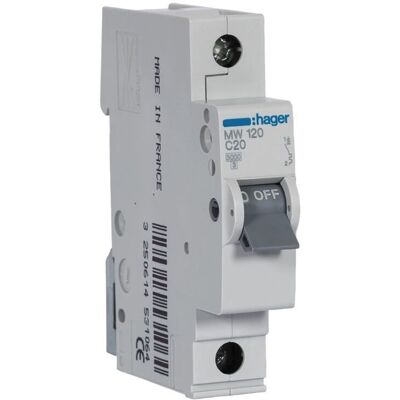 Hager MW120 Disjuntor - 1P, 20A, C, 3kA, 230-400V Hager MW120 Disjuntor - 1P, 20A, C, 3kA, 230-400V