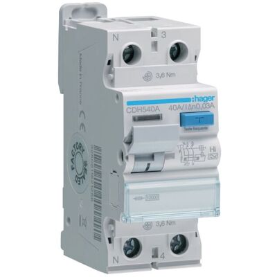 Interruptor Diferencial 2P 40A 30mA Tipo A 2M CDH540A Hager Interruptor Diferencial 2P 40A 30mA Tipo A 2M CDH540A Hager