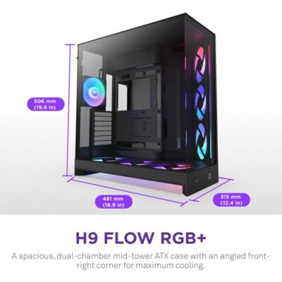 NZXT H9 Flow RGB+ Caixa E-ATX com Vidro Temperado e Iluminação RGB Preta NZXT H9 Flow RGB+ Caixa E-ATX com Vidro Temperado e Iluminação RGB Preta