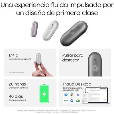 Gravador Plaud NotePin S IA Transcrição 64GB Wi-Fi Prata Wearable Gravador Plaud NotePin S IA Transcrição 64GB Wi-Fi Prata Wearable