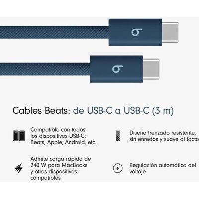 beats Cabo USB-C para USB-C 240W Trançado 3m Azul Índigo beats Cabo USB-C para USB-C 240W Trançado 3m Azul Índigo
