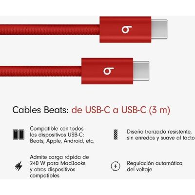 Cabo USB-C para USB-C 240 W Beats 3 m Vermelho Fogo Cabo USB-C para USB-C 240 W Beats 3 m Vermelho Fogo