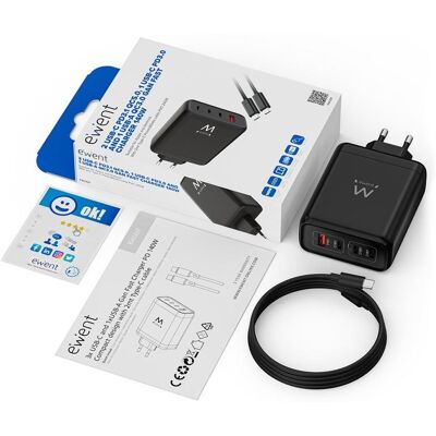 Carregador GaN 140W Ewent EW1337 3xUSB-C PD 3.1 1xUSB-A QC 3.0 Carregador GaN 140W Ewent EW1337 3xUSB-C PD 3.1 1xUSB-A QC 3.0