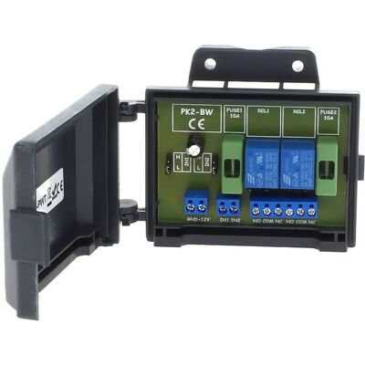 Módulo de 2 relés de comutação configuráveis 12VDC 35mA com caixa à prova de salpicos Módulo de 2 relés de comutação configuráveis 12VDC 35mA com caixa à prova de salpicos