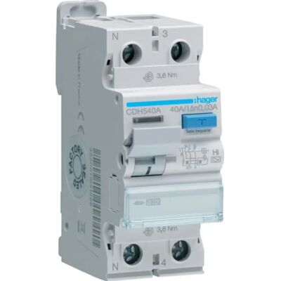 Hager CDH540A - Interruptor diferencial 1P+N - 40A 30mA - tipo HI - 2 módulos Hager CDH540A - Interruptor diferencial 1P+N - 40A 30mA - tipo HI - 2 módulos