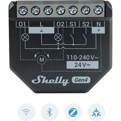 Shelly 2PM Gen4 - Módulo interruptor duplo para automação Wifi c/ controle de estores elétricos e medição de energia Shelly 2PM Gen4 - Módulo interruptor duplo para automação Wifi c/ controle de estores elétricos e medição de energia