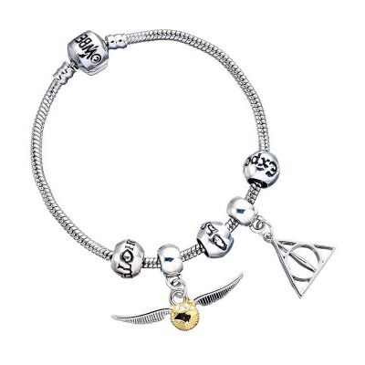 Pulseira de pingentes de Harry Potter com 3 contas mágicas e o pomo da morte de prata Pulseira de pingentes de Harry Potter com 3 contas mágicas e o pomo da morte de prata
