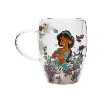 Caneca de cristal com flores de jasmim secas, Princesas da Disney. Caneca de cristal com flores de jasmim secas, Princesas da Disney.