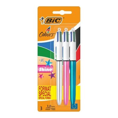Canetas retráteis de tinta a óleo Bic 4 cores Shine 9122751/ 3 unidades/ 4 cores de tinta/ Corpo de cor brilhante Canetas retráteis de tinta a óleo Bic 4 cores Shine 9122751/ 3 unidades/ 4 cores de tinta/ Corpo de cor brilhante