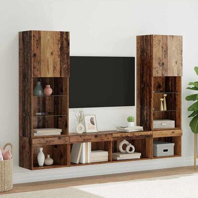 vidaXL Unidades de TV de Parede com LED com led 5 pcs Madeira antiga Marrón vidaXL Unidades de TV de Parede com LED com led 5 pcs Madeira antiga Marrón
