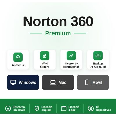 Symantec Norton 360 Premium 10 Dispositivos + 75 GB Cloudstorage - 1 ano Symantec Norton 360 Premium 10 Dispositivos + 75 GB Cloudstorage - 1 ano