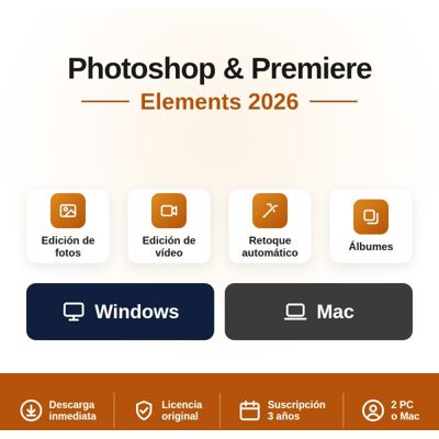 Adobe Photoshop & Premiere Elements 2026 - 2 PC/MAC - Assinatura 3 años Adobe Photoshop & Premiere Elements 2026 - 2 PC/MAC - Assinatura 3 años