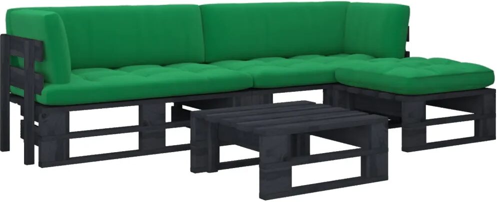 vidaXL 4 pcs conj. lounge paletes c/ almofadões pinho impregnado preto