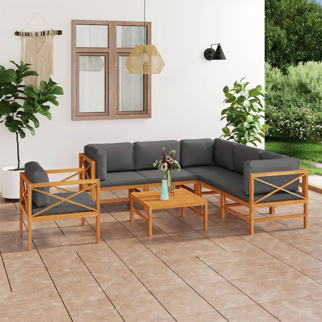 vidaXL 7 pcs conj. lounge de jardim + almofadões cinzentos teca maciça