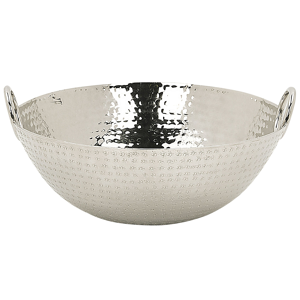 Taça decorativa redonda prateada alumínio com alças práticas glamour e moderna