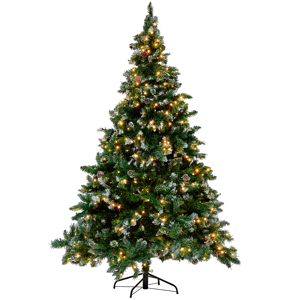 Árvore de Natal artificial verde pré-iluminada 210 cm ramos moldáveis com flocos de neve artificial e pinhas
