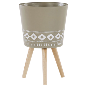 Vaso decorativo em cerâmica de magnésia taupe redondo 41 x 41 cm pernas de madeira design moderno escandinavo