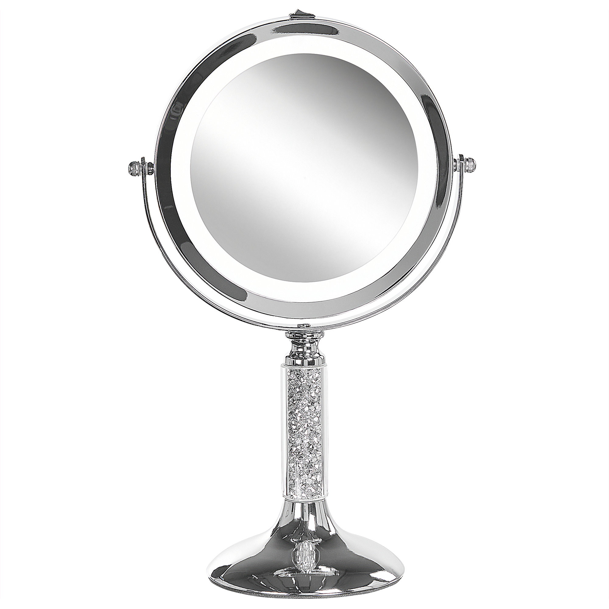 Beliani Espelho de maquiagem com estrutura metálica prateada ø 13 cm iluminação LED duas faces com 1x e 5x ampliação para mesa
