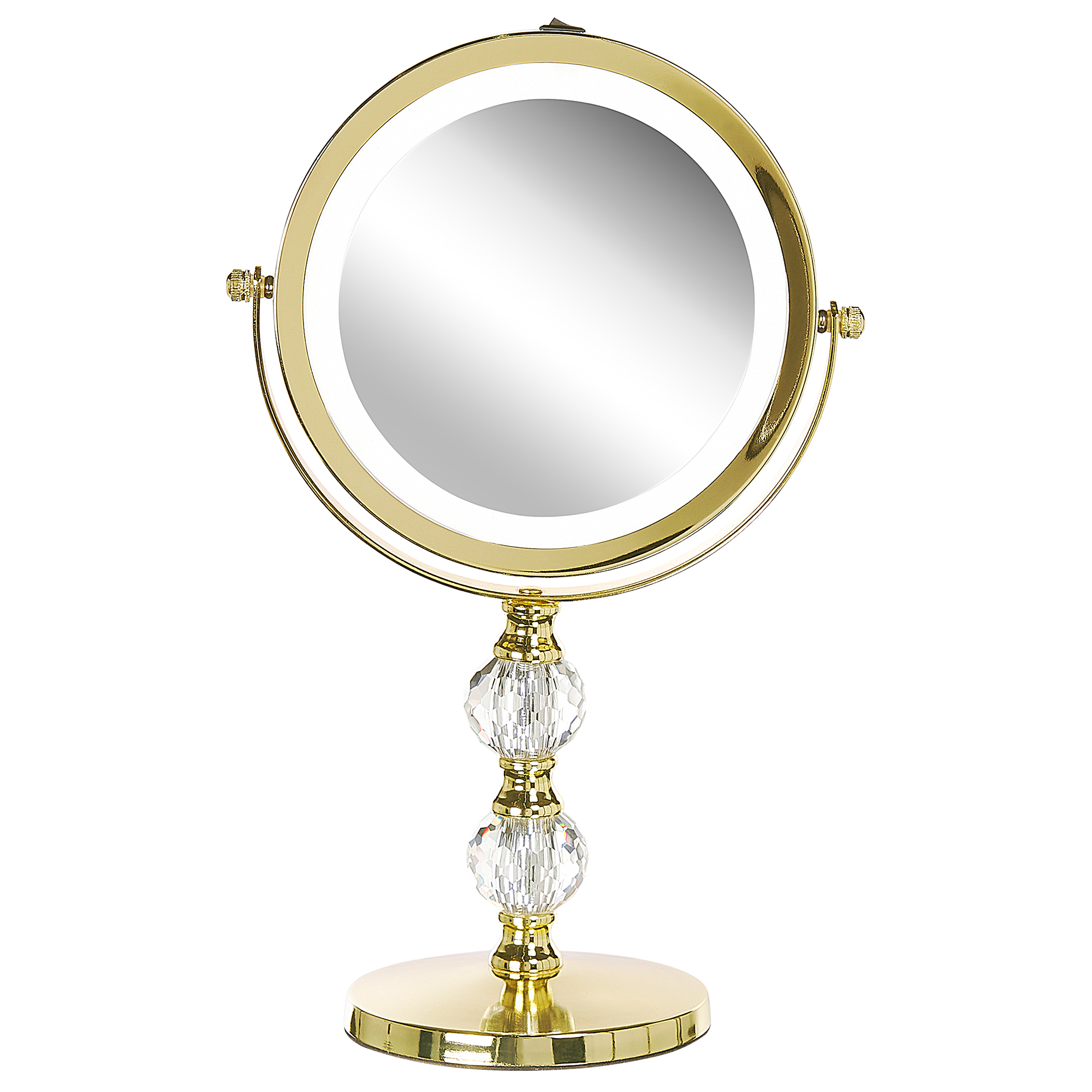Beliani Espelho de maquiagem com estrutura metálica dourada ø 13 cm iluminação LED duas faces com 1x e 5x ampliação para mesa