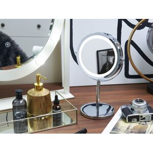 Beliani Espelho de mesa em metal prateado ø 20 cm com iluminação LED dupla face com função de aumento