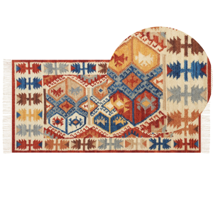 Tapete Kilim de lã multicolor 80 x 150 cm tecido à mão com padrão geométrico e franjas de estilo tradicional