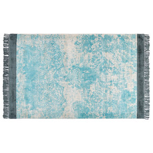 Tapete viscose azul e creme com forro algodão com franjas 140 x 200 cm estilo vintage padrão envelhecido