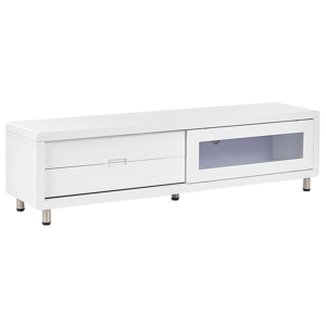 Móvel de TV branco MDF com brilho com 2 gavetas e porta deslizante minimalista