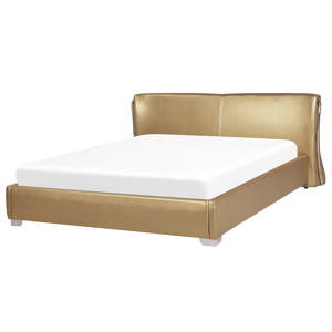 Cama de casal dourada 180 x 200 cm cabeceira da cama de pele genuína, os restantes lados e outros elementos da cama de pele sintética