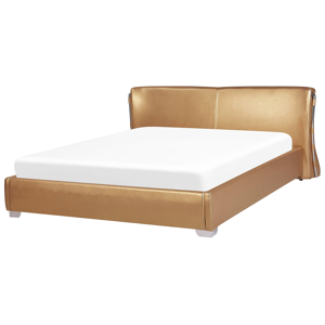 Cama de água dourada 180 x 200 cm cabeceira da cama de pele genuína, os restantes lados e outros elementos da cama de pele sintética