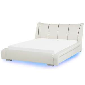 Cama de casal branca 140 x 200 cm cabeceira da cama de pele genuína, os restantes lados e outros elementos da cama de pele reciclada com LED