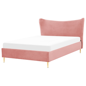 Beliani Cama de casal estofada em veludo rosa 140 x 200 cm estrado de ripas pernas de metal cabeceira estilo moderno glamoroso quarto