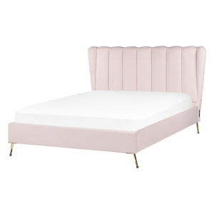 Beliani Cama de casal estofada em veludo rosa com pernas metálicas douradas 140 x 200 cm com cabeceira e entrada USB para quarto glamoroso