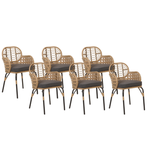 Conjunto de 6 cadeiras em rattan cor natural trançado com almofada de assento de design boho