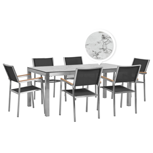 Conjunto de jantar para jardim com mesa 180 x 90 cm efeito de mármore e 6 cadeiras em tecido preto