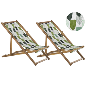 Conjunto de 2 espreguiçadeiras dobráveis e ajustáveis em madeira clara de acácia têxtil de padrão com folhas verdes resistentes e leves