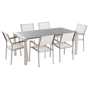Conjunto de jantar para jardim mesa com tampo de granito polido cinzento 180 x 90 cm e 6 cadeiras tecido branco estrutura aço inoxidável