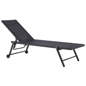 Espreguiçadeira preta estrutura de alumínio e tela de textilene 198 x 61 cm encosto reclinável ajustável e rodas mobiliário de piscina