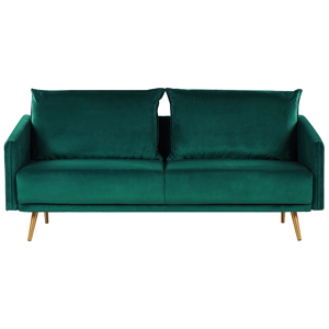 Sofá estofado de veludo verde esmeralda 3 lugares encosto acolchoado assento de metal com pernas douradas retro glamour