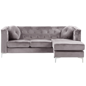 Sofá de canto em veludo cinzento de 3 lugares à esquerda estilo glamour com almofadas adicionais